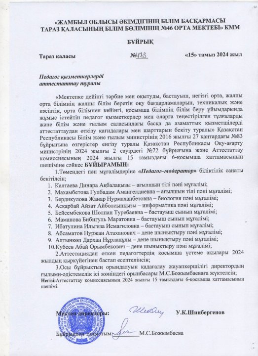 «Педагог-модератор» біліктілік санаты берілген мұғалімдердің бұйрығы
